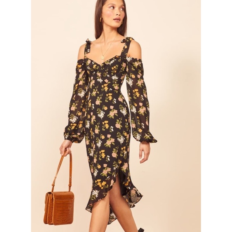 Reformation Breeze Midi Dress Floral Sweetheart Off The Shoulder Ruffle Sylvie